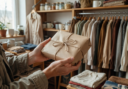 Sustainable second-hand shopping - hands holding eco-friendly package